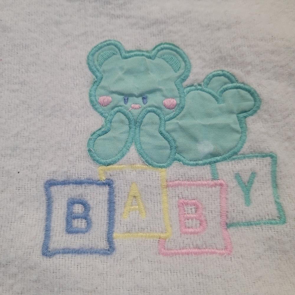 Vintage Baby Blanket First Moments ST Designs White w Teal Binding Bear Blocks